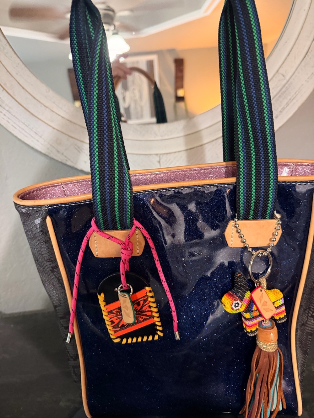 Consuela Glittery Navy Patent Chica Tote Bag with Multicolor Accents - Picture 2 of 8